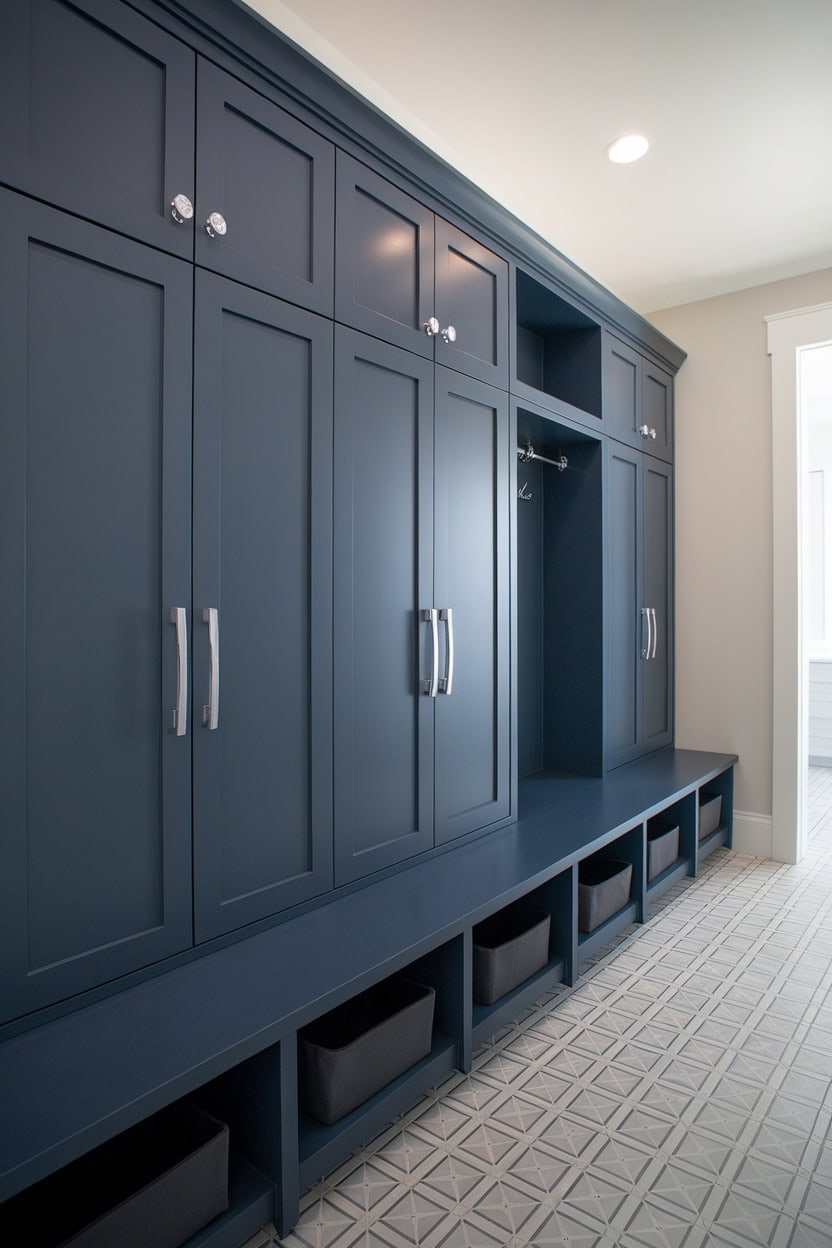 Modern mudroom lockers with flat panel doors in navy blue, featuring sleek handles and a clean design.