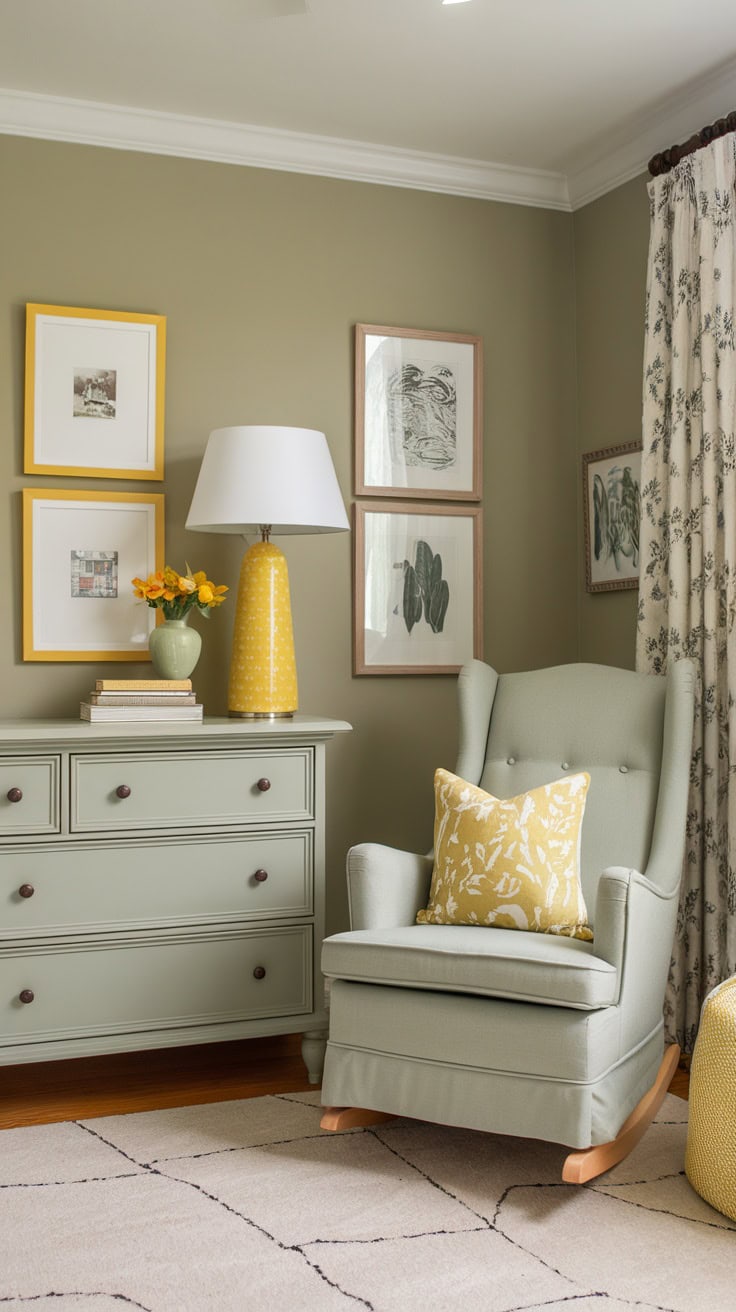 Sage green nursery furniture with yellow accents, including a rocking chair and decorative lamp.