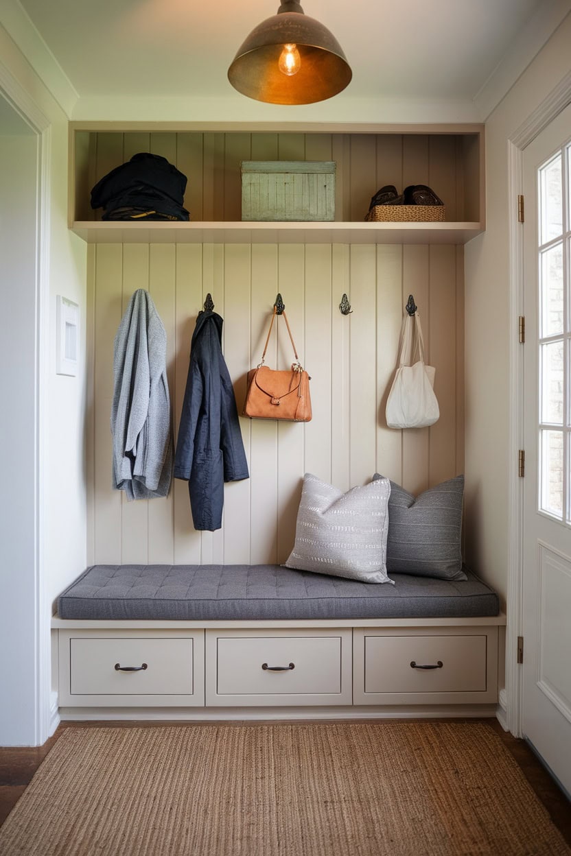 Scandinavian mudroom featuring a cozy bench nook with hooks for coats and decorative cushions.