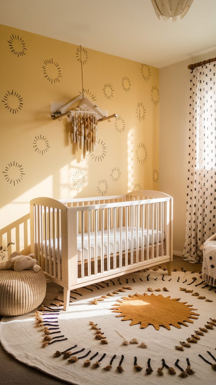 A nursery with yellow walls featuring sun motifs, a wooden crib, and a cozy rug.