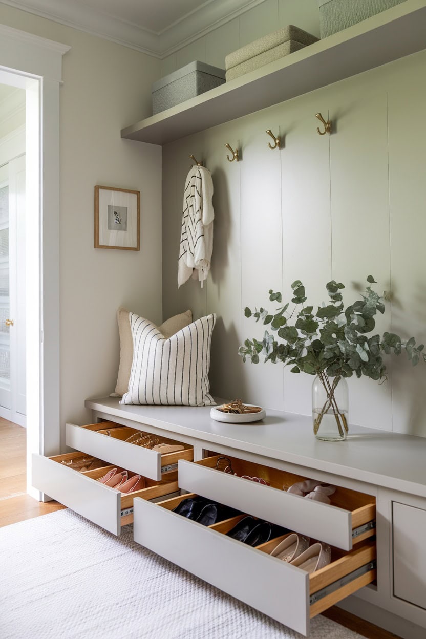 A cozy tiny mudroom featuring hidden storage drawers, a seating area, and decorative elements.