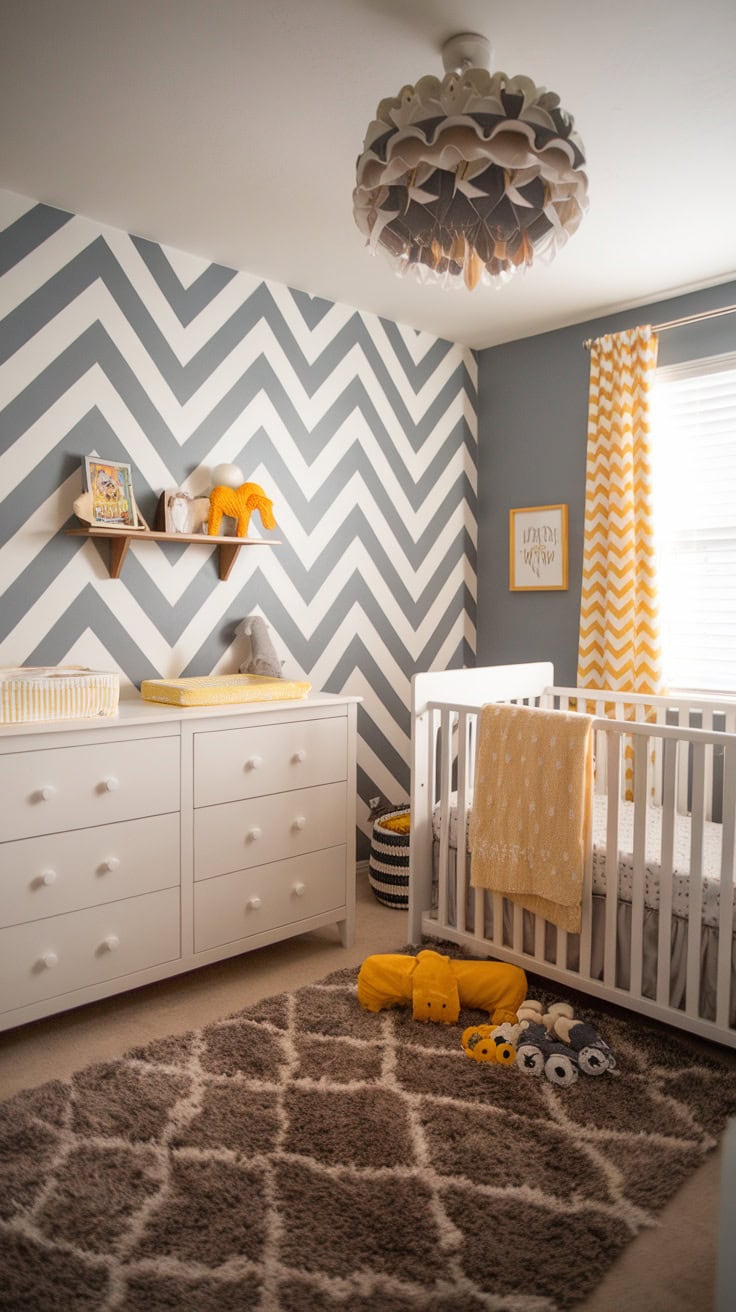 A nursery designed with yellow and grey patterns featuring chevron walls and decorative items.