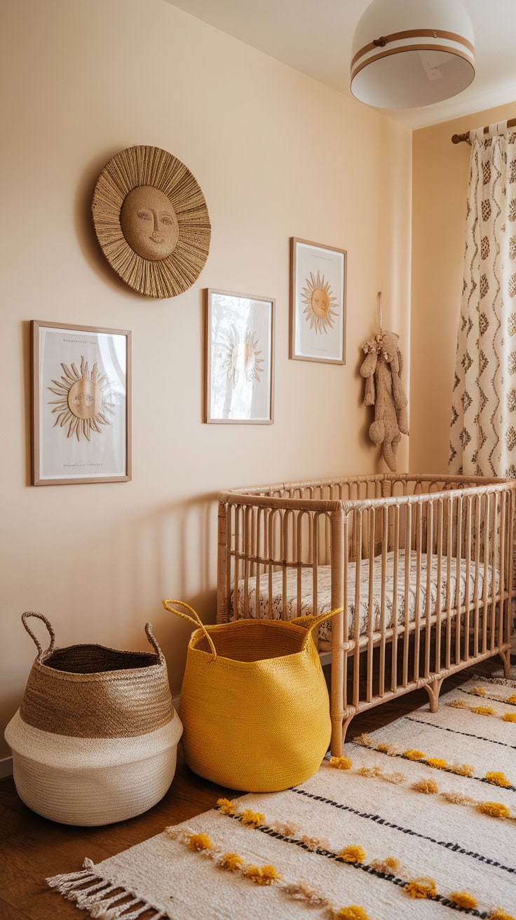 Cozy boho nursery featuring woven baskets and a wooden crib.