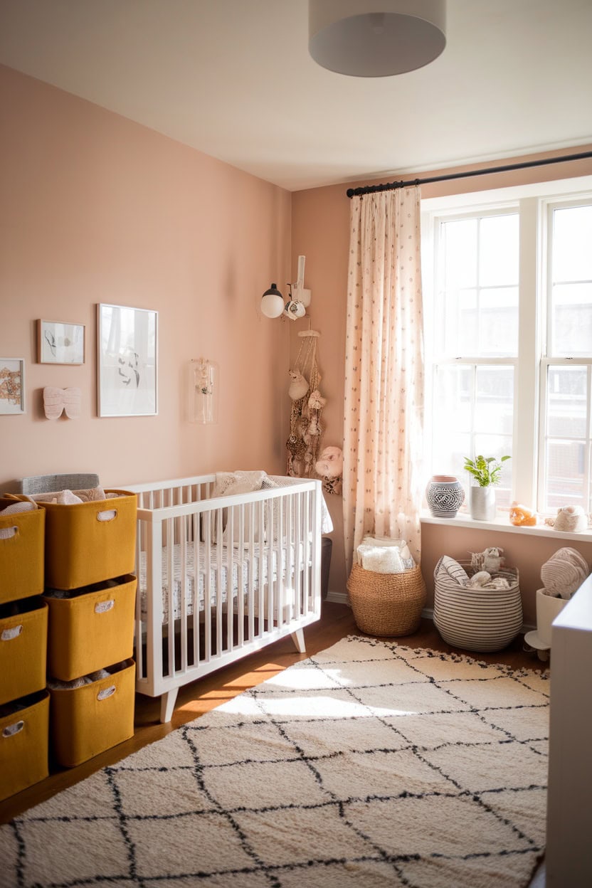 A cozy nursery with mustard yellow storage baskets, a white crib, and soft pastel decor.