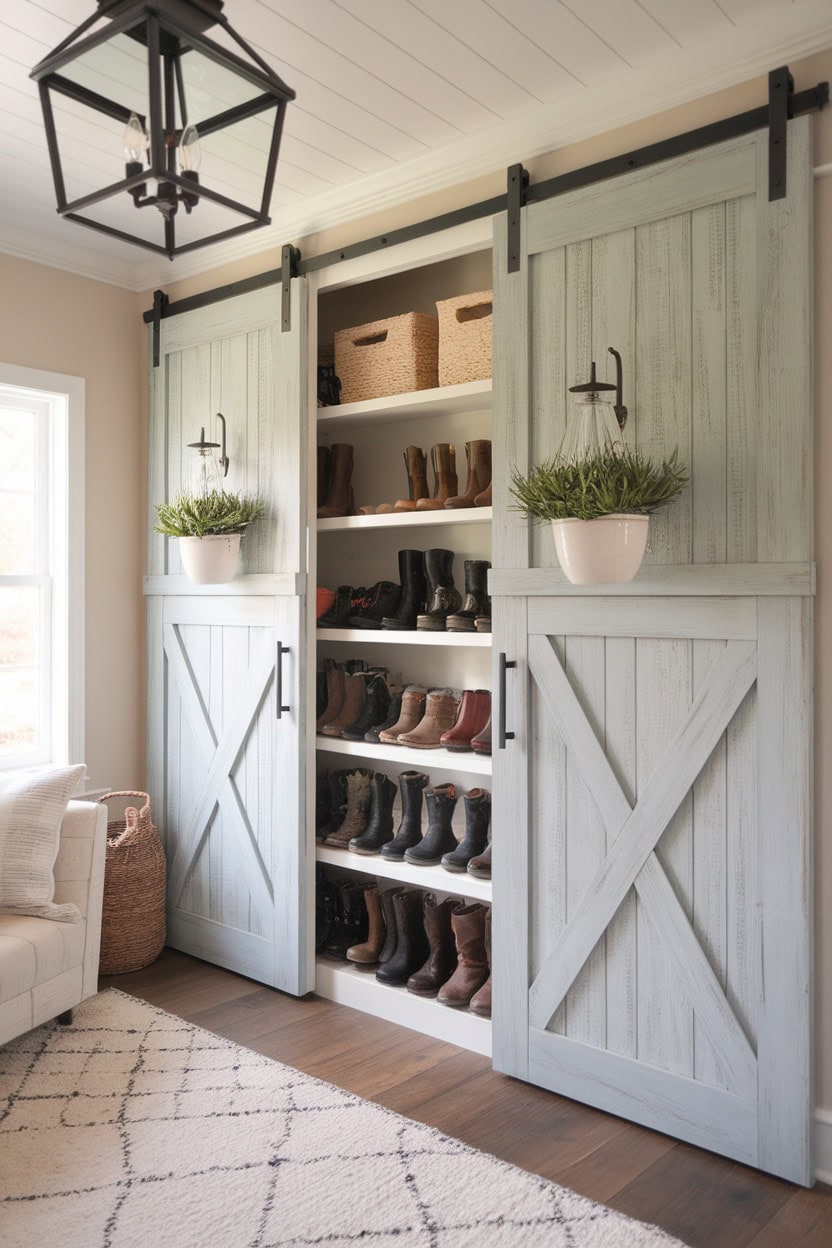 Rustic mudroom cabinetry featuring sliding barn doors and organized shoe storage.