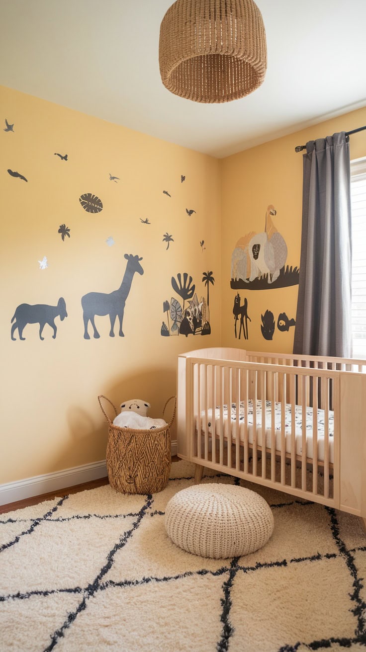 A pastel yellow nursery featuring animal silhouettes on the wall, a wooden crib, and cozy decor.