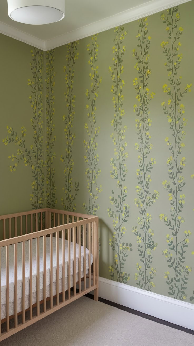 Sage green nursery with floral wallpaper and a wooden crib.