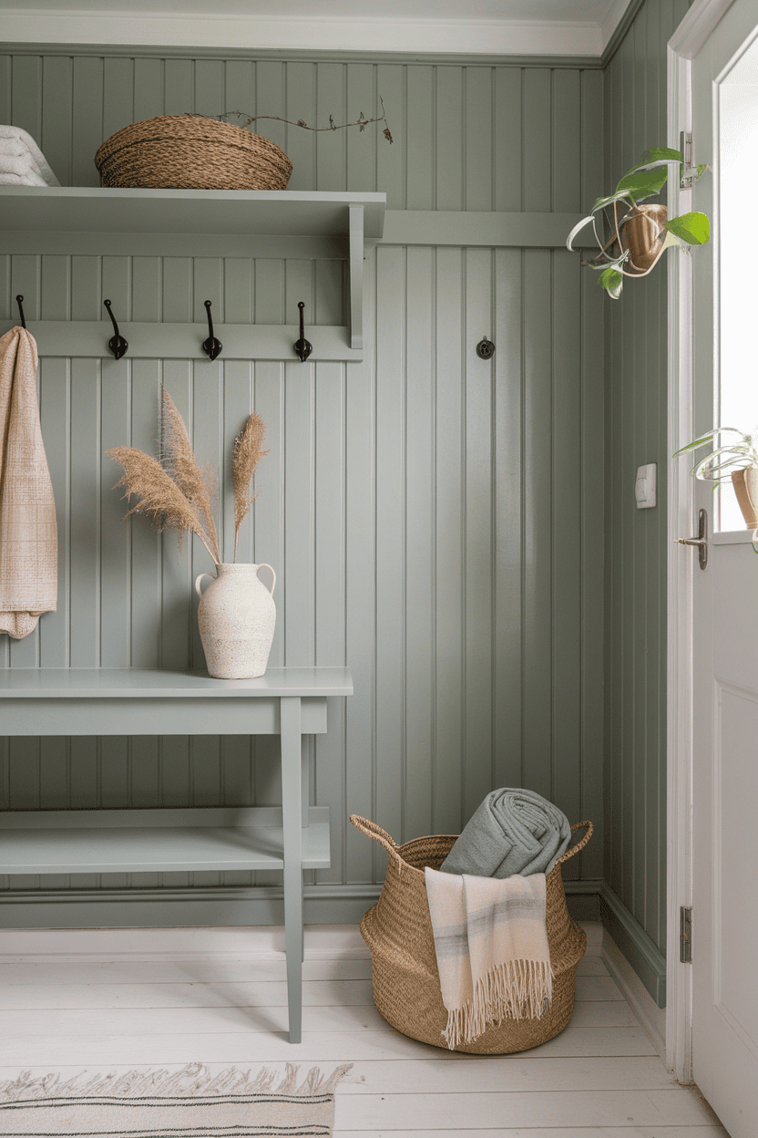 Scandinavian mudroom with earthy tones, featuring a table with towels, a plant, and hooks on the wall.