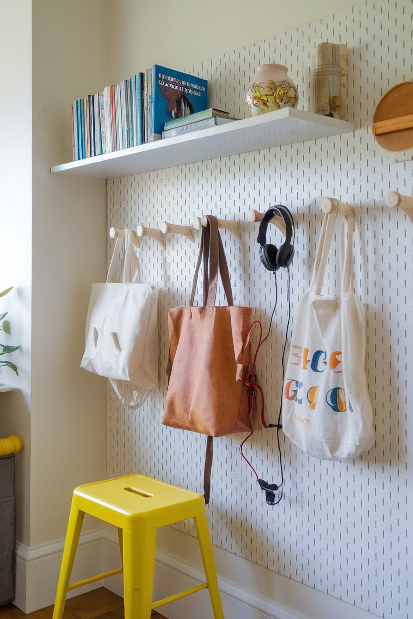 A small mudroom featuring a pegboard wall with bags, headphones, and a shelf with books.