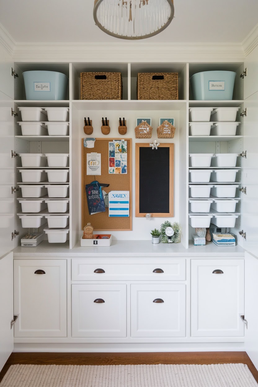 A stylish mudroom cabinet with storage baskets, labeled boxes, a chalkboard, and a corkboard for organization.