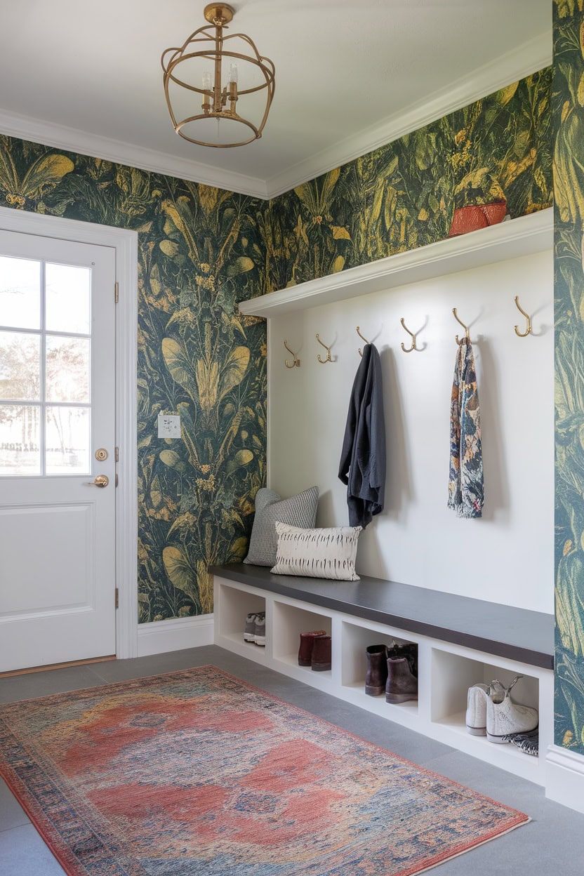 A mudroom entryway featuring bold floral wallpaper, a bench, and hooks for hanging coats.