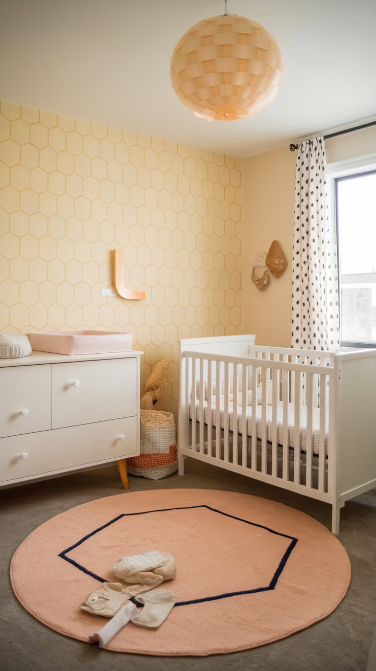 A pastel yellow nursery with honeycomb wallpaper, a white crib, and a soft pink rug.