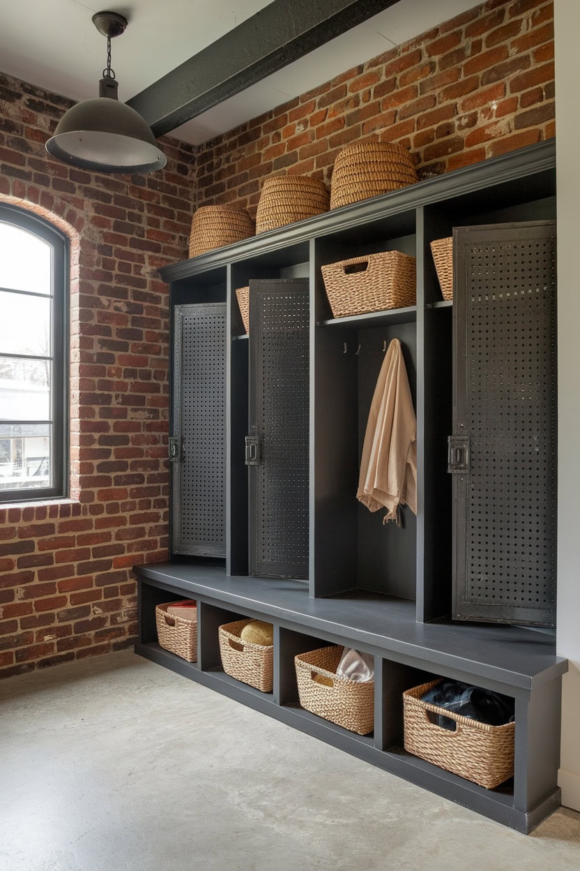 Industrial mudroom lockers featuring metal doors and wooden shelves