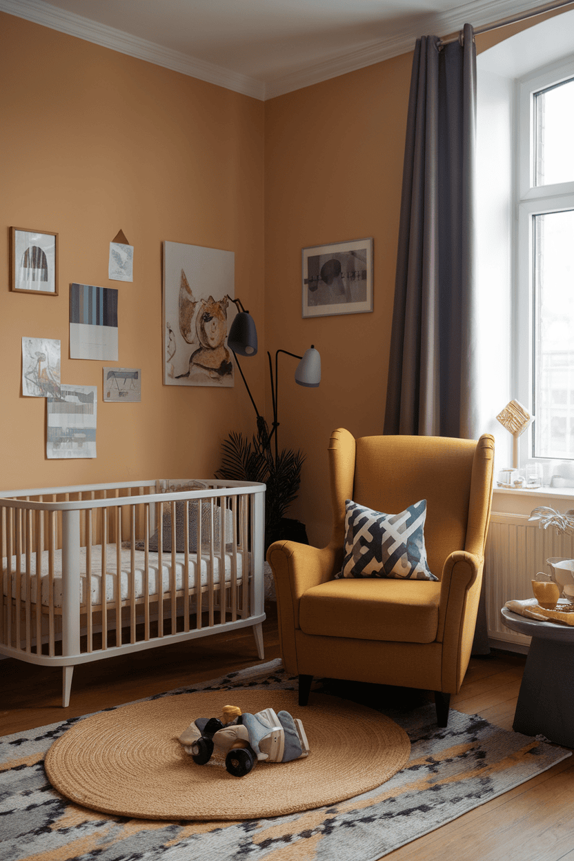 A mustard yellow accent chair in a nursery with a crib and cozy decor.