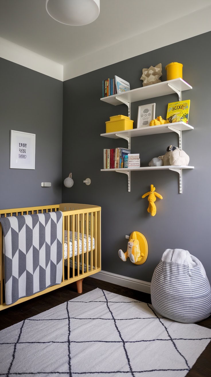 A Scandinavian minimalism nursery featuring yellow and grey decor with a crib, textured blanket, and playful wall art.