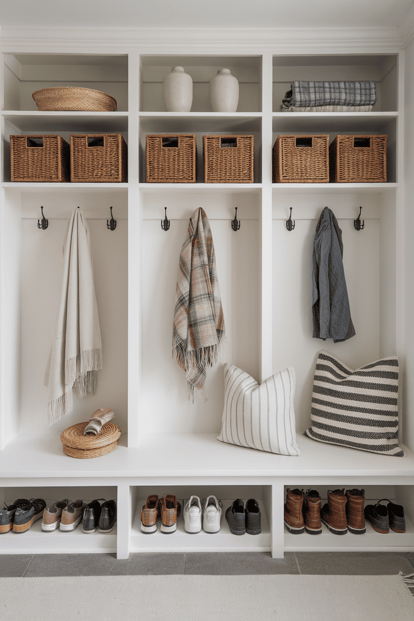 Scandinavian mudroom with open shelving featuring baskets and shoes.