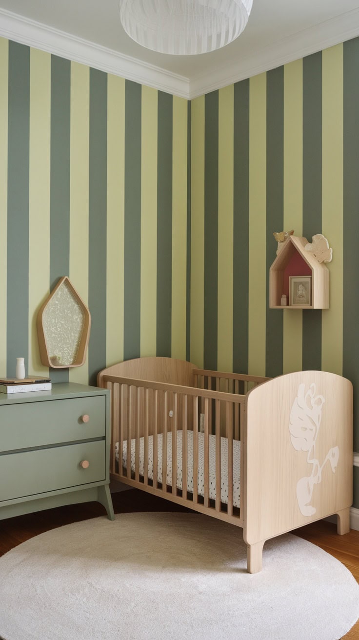 Nursery with striped sage green and yellow walls, featuring a wooden crib and green dresser.