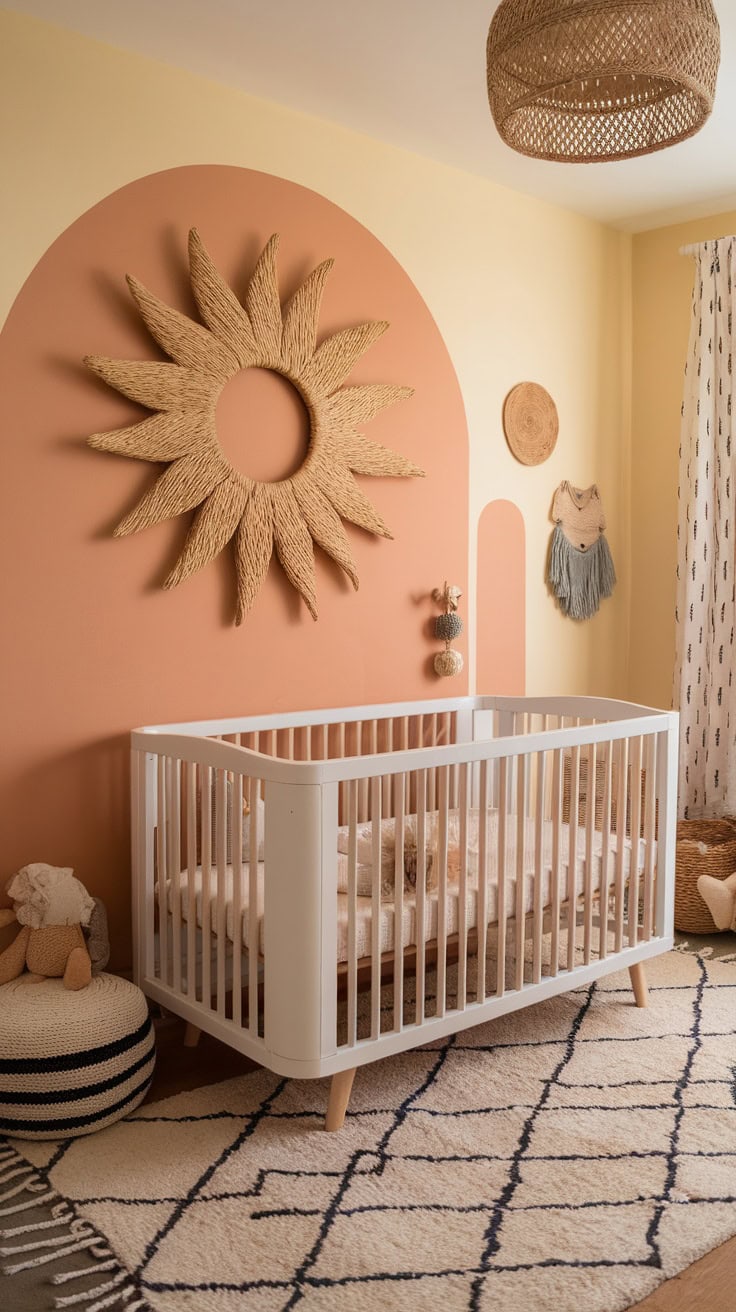 A nursery with a woven sun wall decor, a white crib, and warm colors.