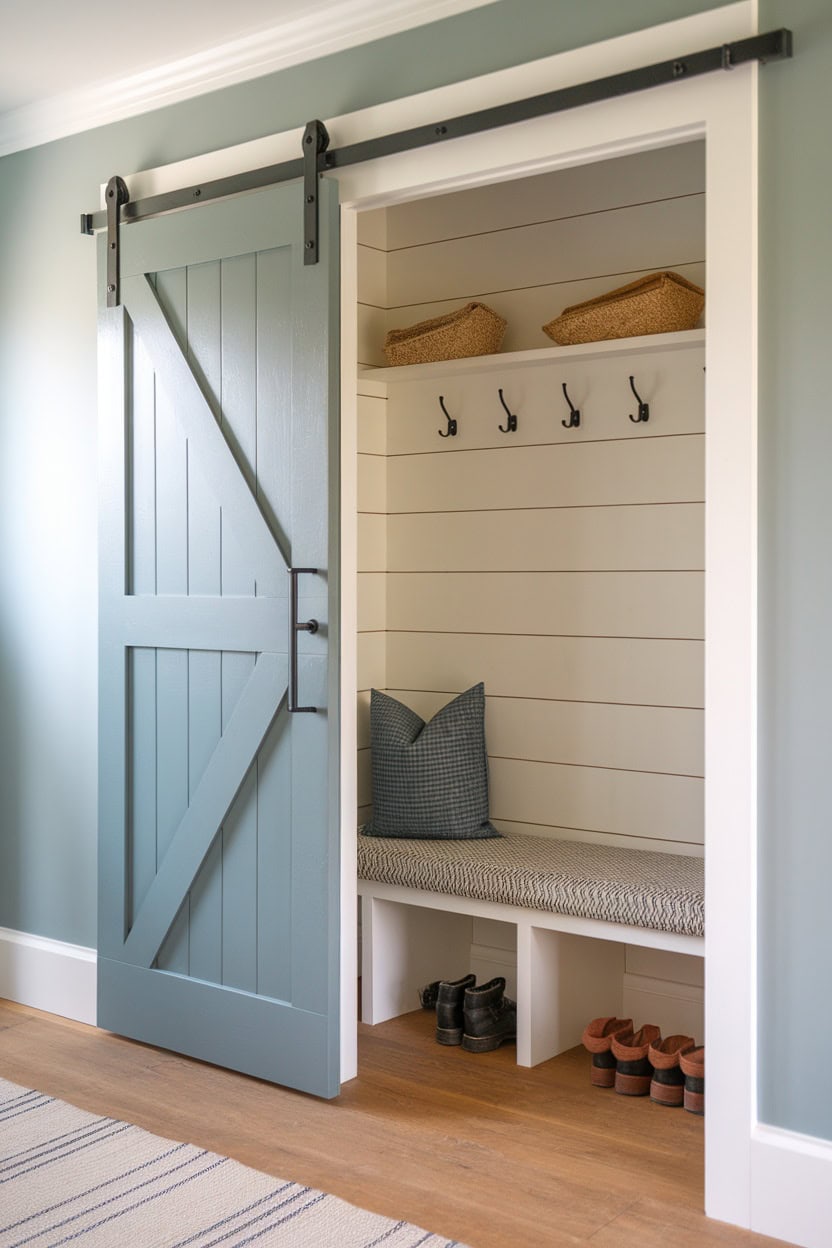 A tiny mudroom featuring a sliding barn door, with a bench, hooks, and storage baskets.