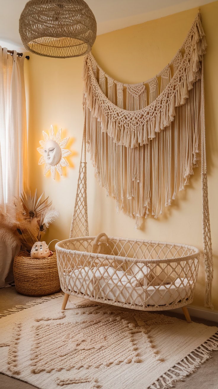 Bohemian nursery featuring macramé wall art and a woven bassinet