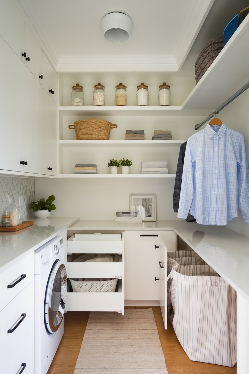 A modern mudroom with laundry solutions, including cabinets, a washing machine, and shelves.