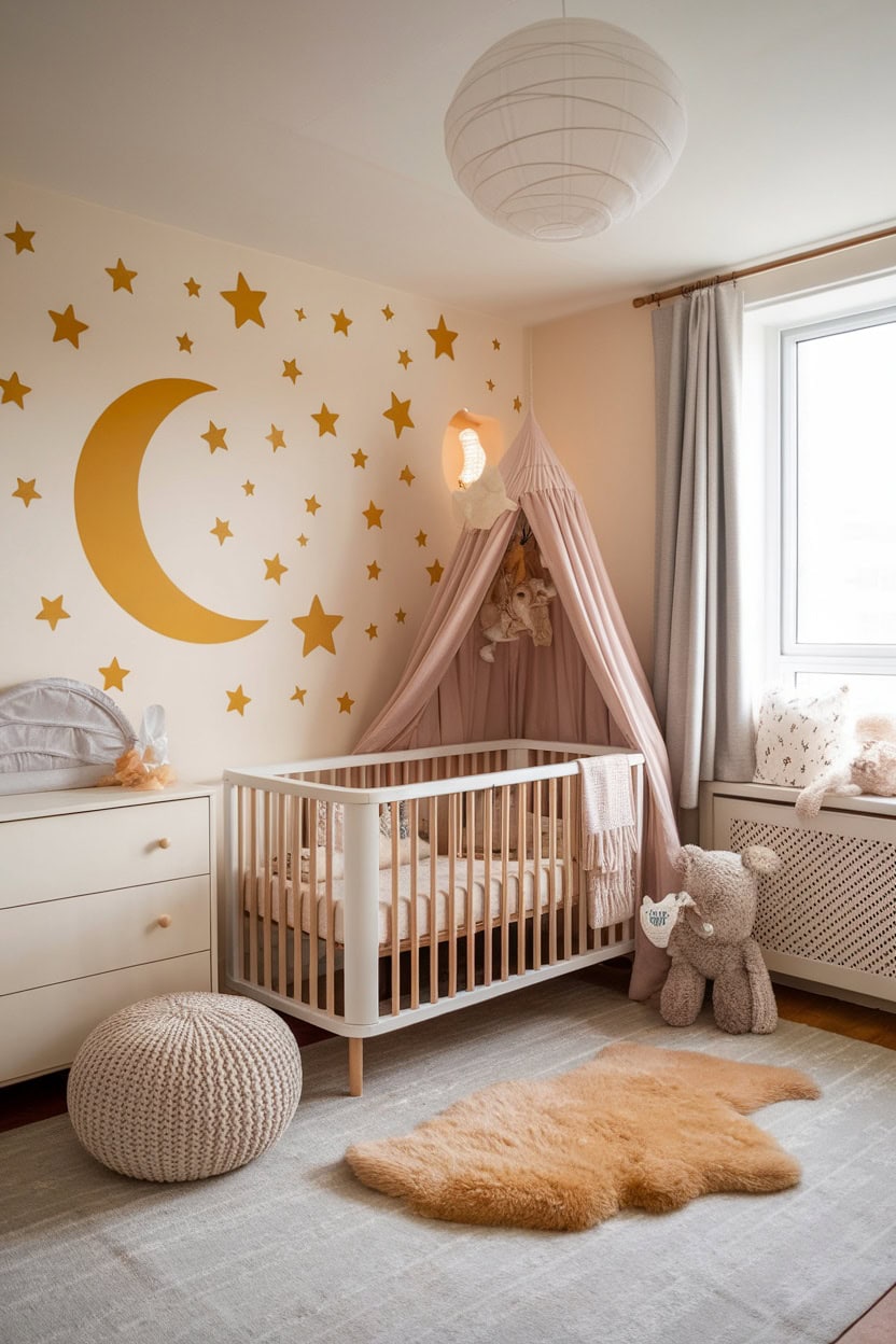 Nursery with mustard yellow wall decals featuring stars and a moon, showcasing a cozy crib and playful decor.