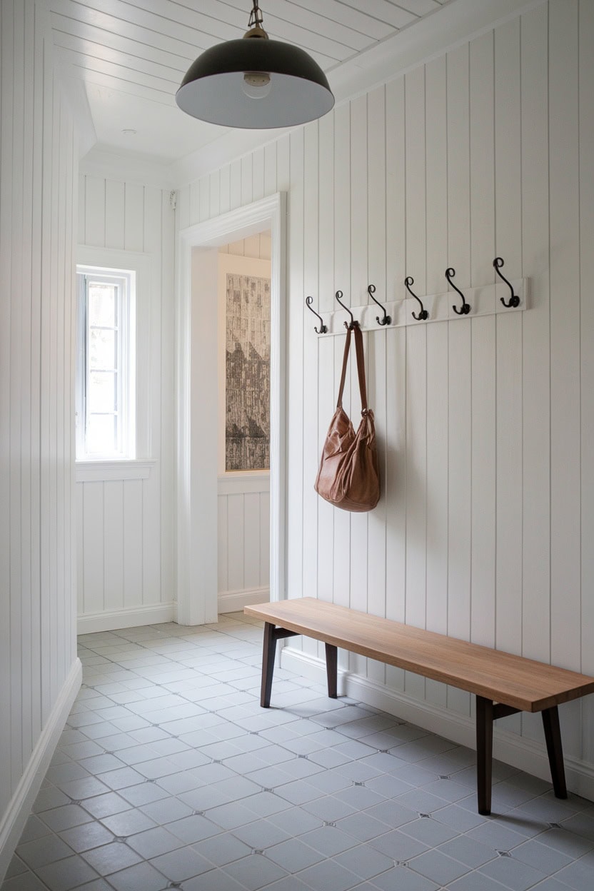 Scandinavian mudroom featuring floor-to-ceiling shiplap walls, wooden bench, and coat hooks.