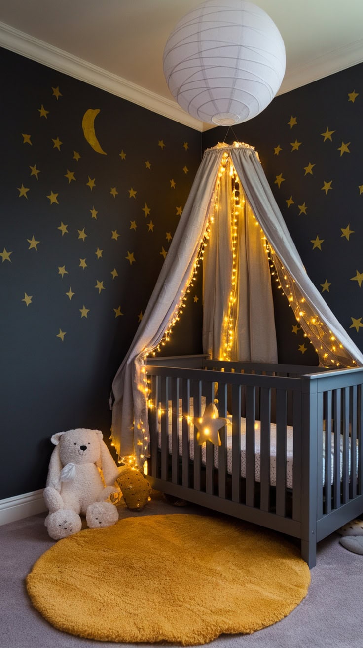 A cozy nursery with grey walls, yellow star decorations, and a crib surrounded by fairy lights.