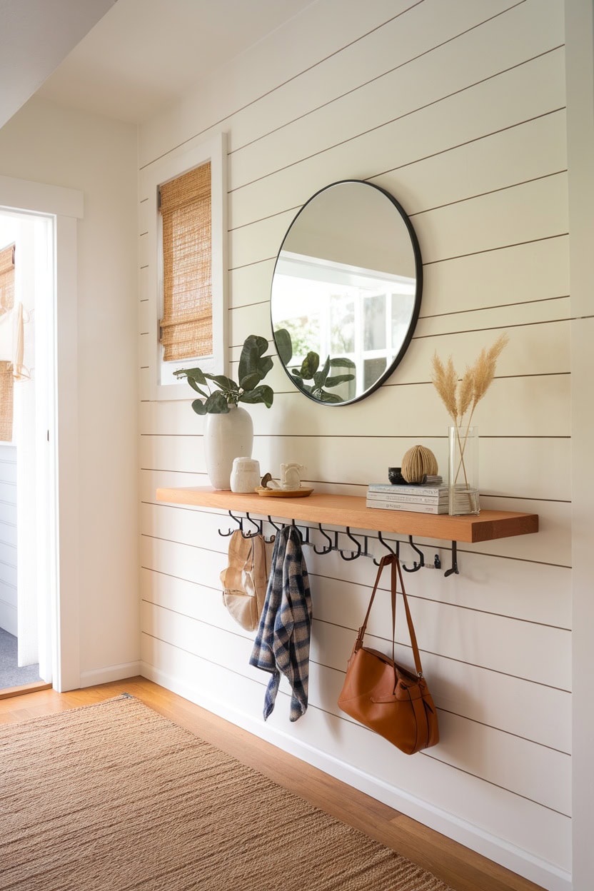 Tiny mudroom featuring a floating console shelf with hooks, a mirror, and decorative elements.