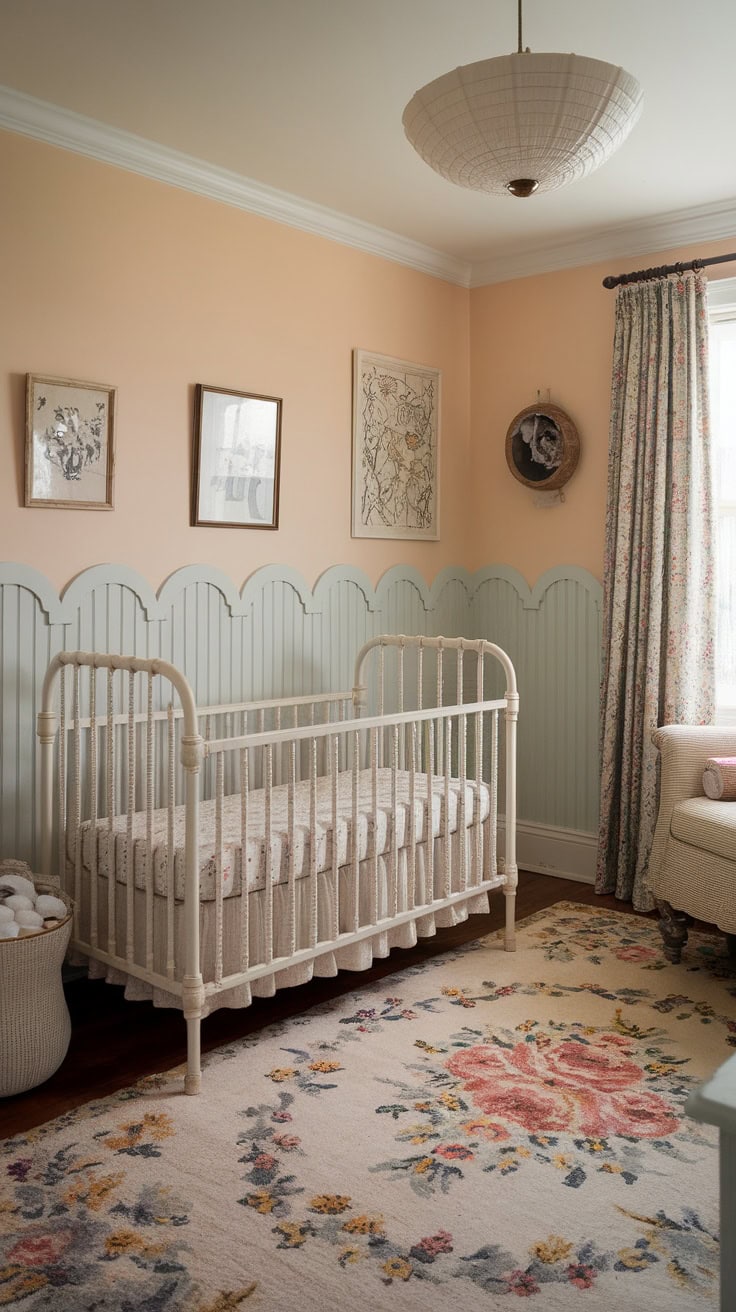 Pastel yellow nursery featuring vintage-style crib, floral patterns, and soft decor.