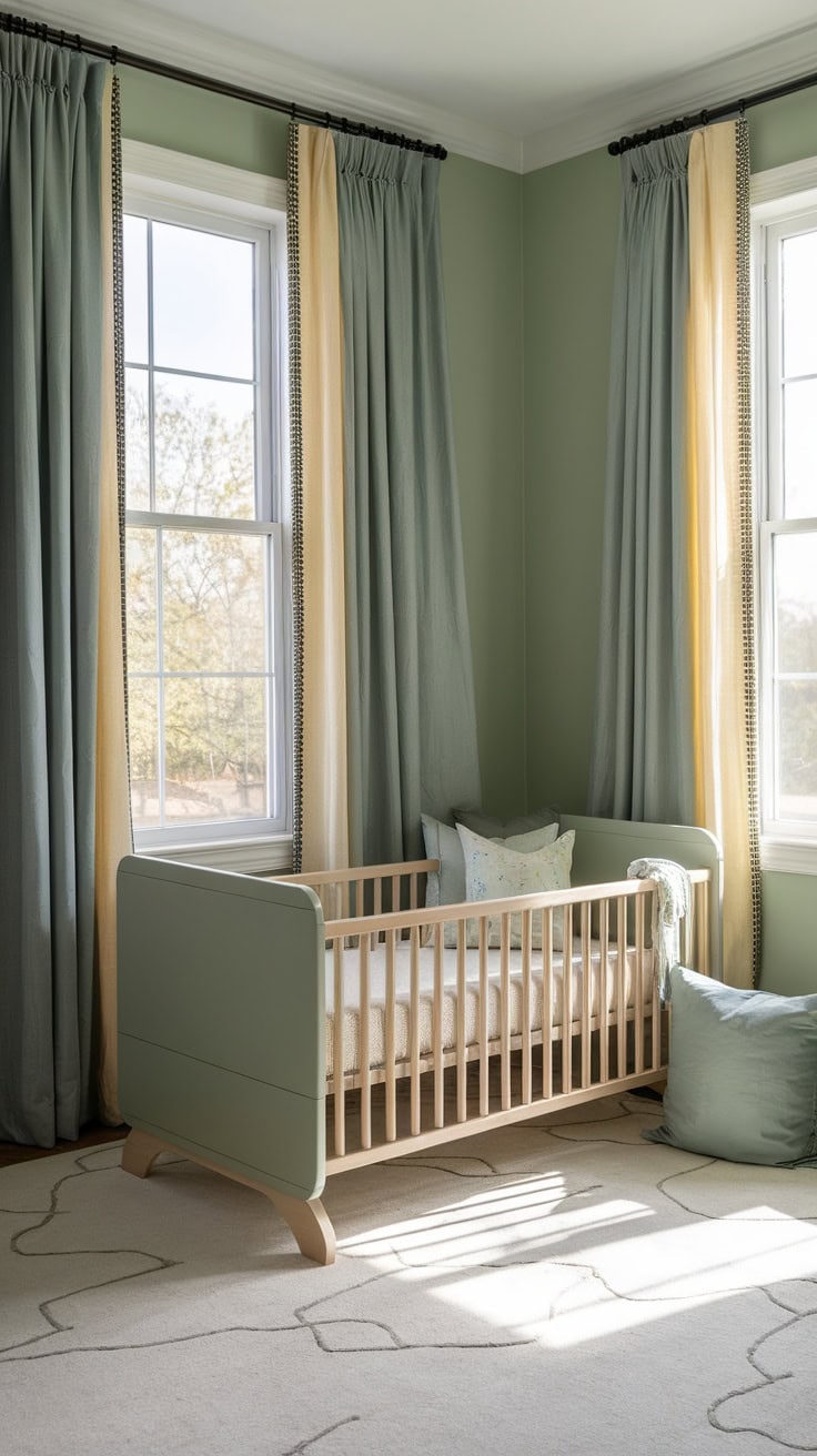 A nursery with sage green and yellow curtains, a crib, and soft decor.