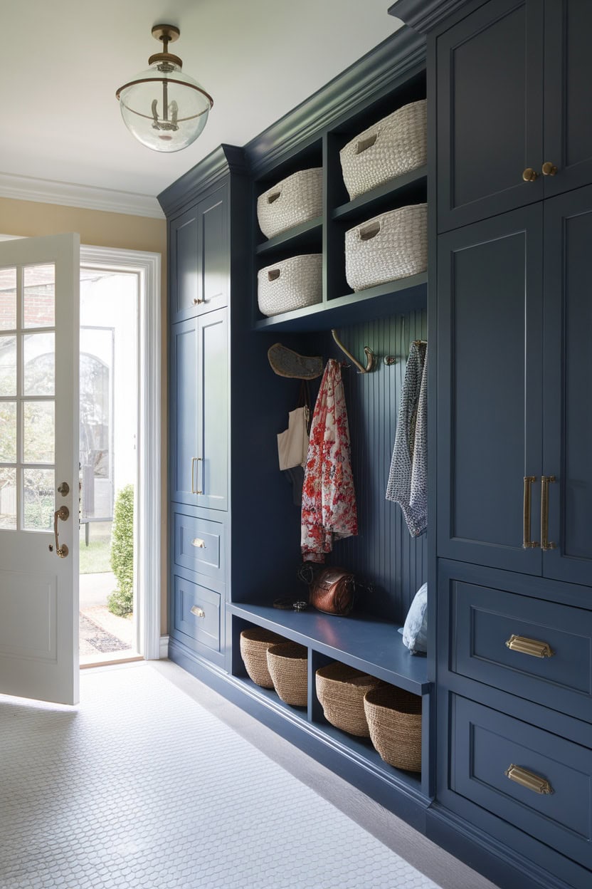 A stylish mudroom entryway with floor-to-ceiling cabinets in a navy color, featuring open shelves and baskets.