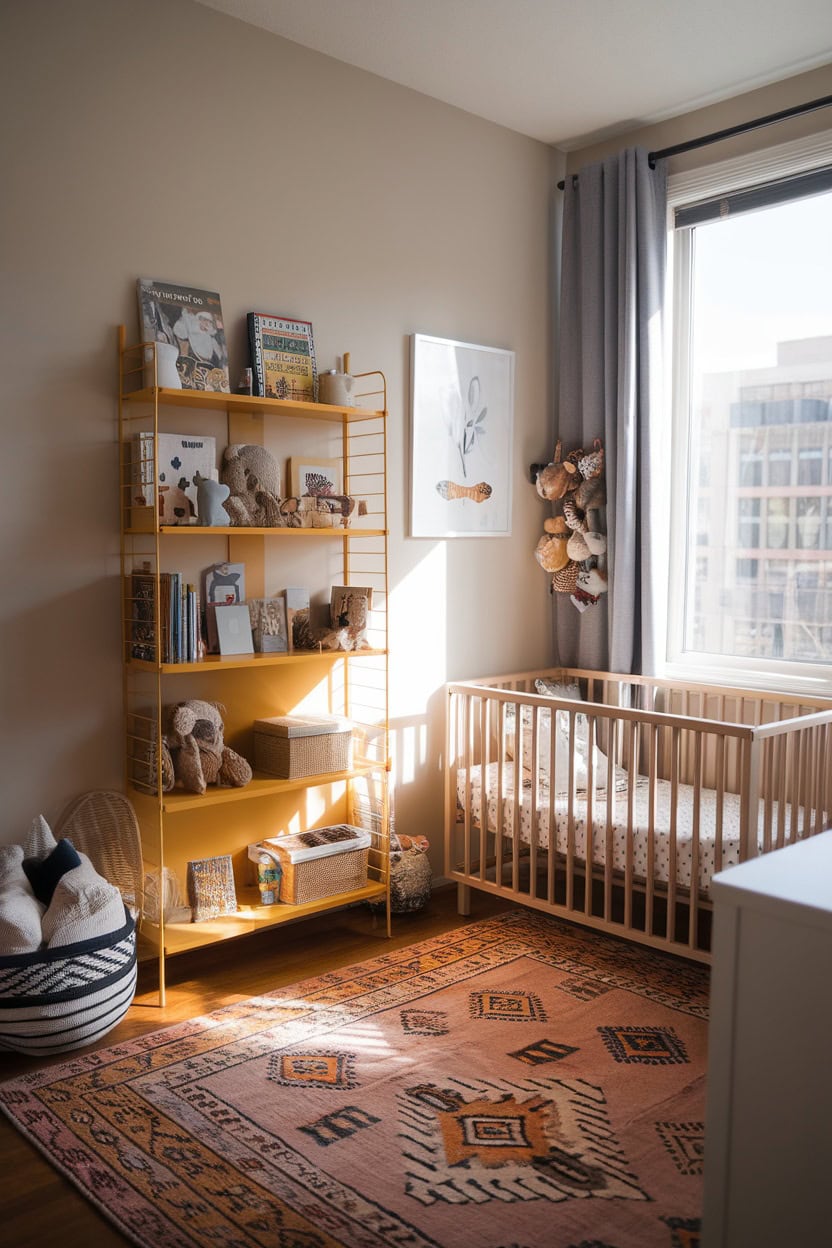 A cozy nursery corner featuring a mustard yellow bookshelf filled with books and toys, alongside a wooden crib and a patterned rug.