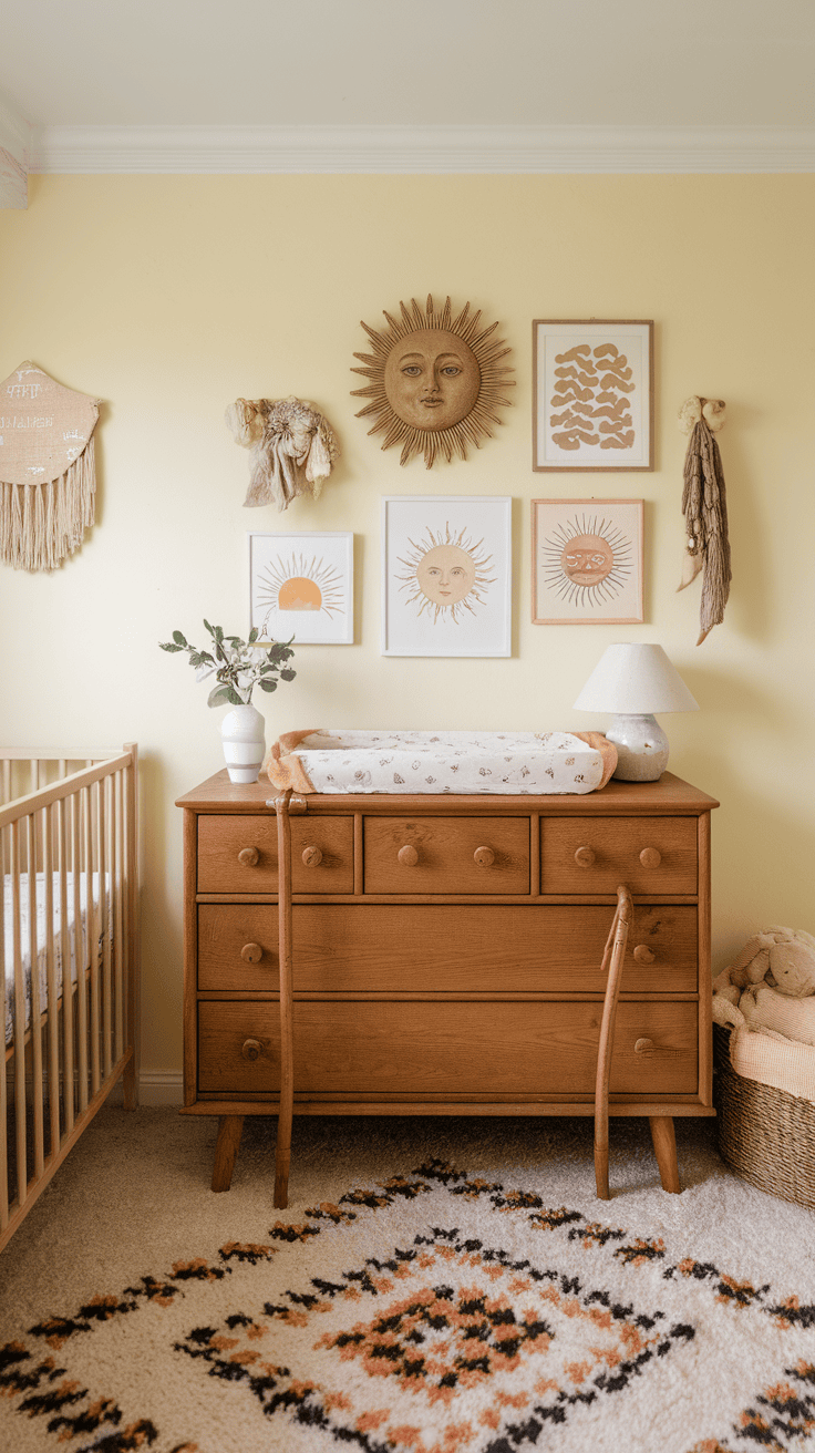 A cozy nursery corner featuring natural wood furniture, with sun-themed decor and plants.