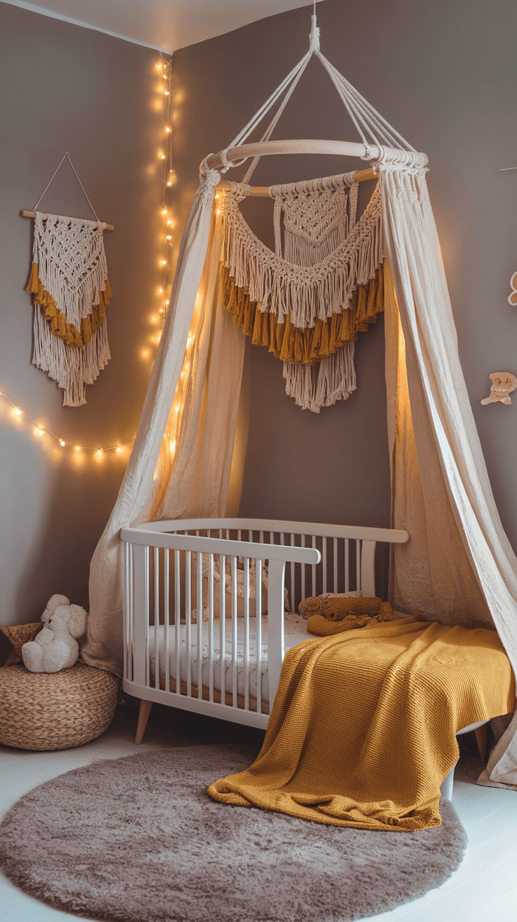 A bright yellow nursery wall featuring pop art graphics with playful words, complemented by a cozy seating area.