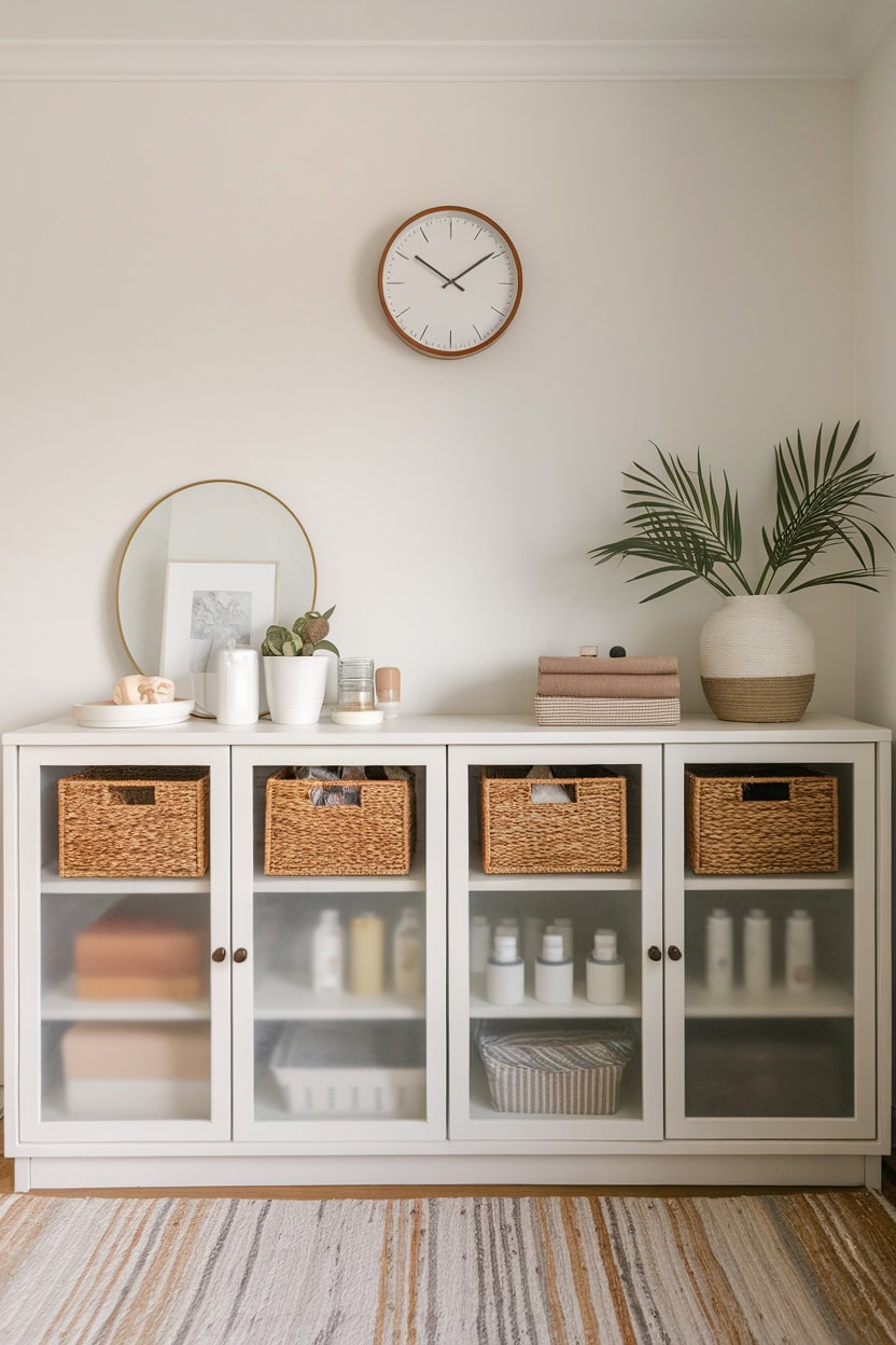 Scandinavian mudroom featuring glass-front storage with woven baskets and a plant.