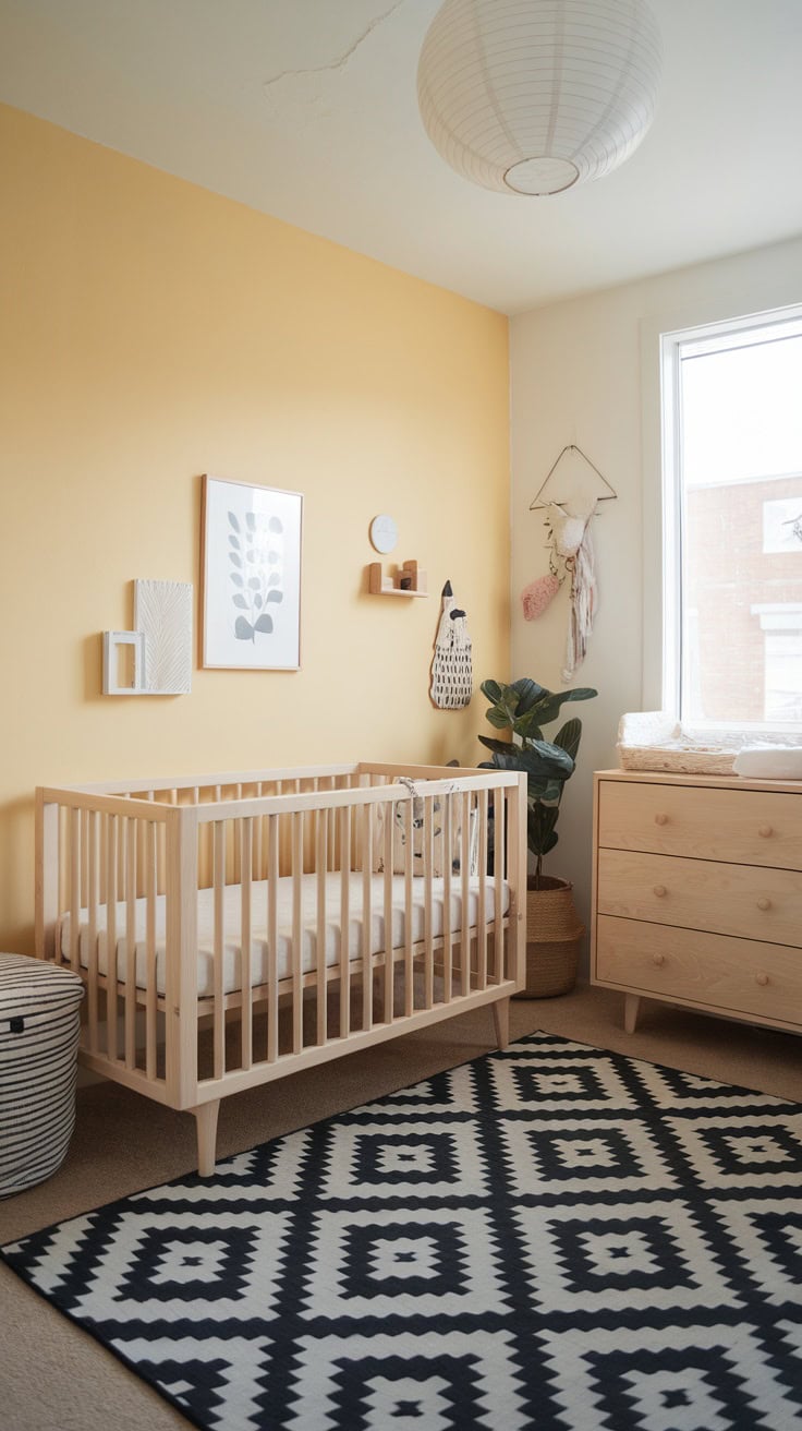 A Scandinavian-style nursery featuring pastel yellow walls, a wooden crib, a patterned rug, and minimal decor.