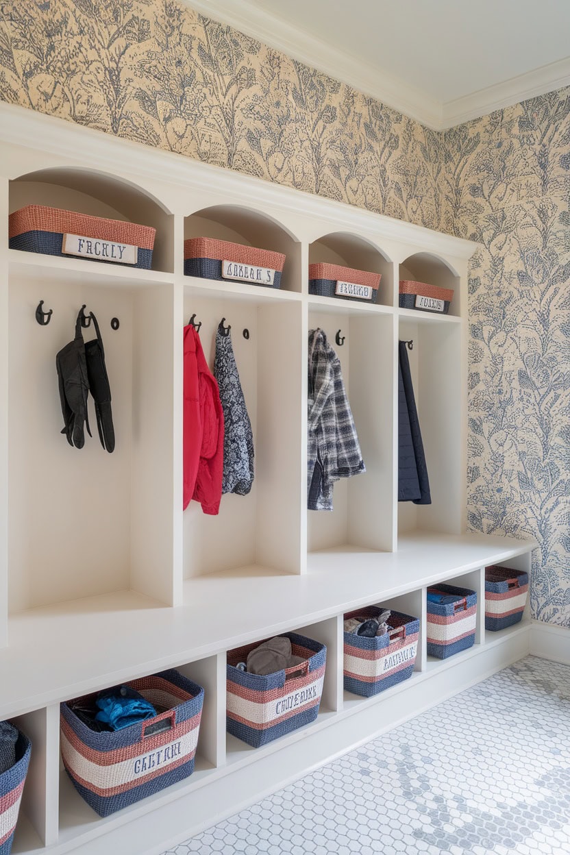 Tiny mudroom featuring wall-mounted cubbies with hooks and labeled baskets.