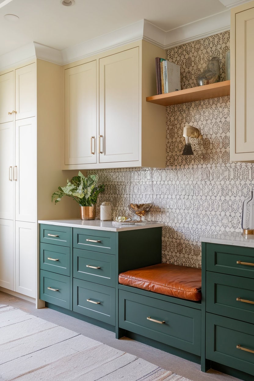 Stylish two-tone mudroom cabinetry with green and cream colors.