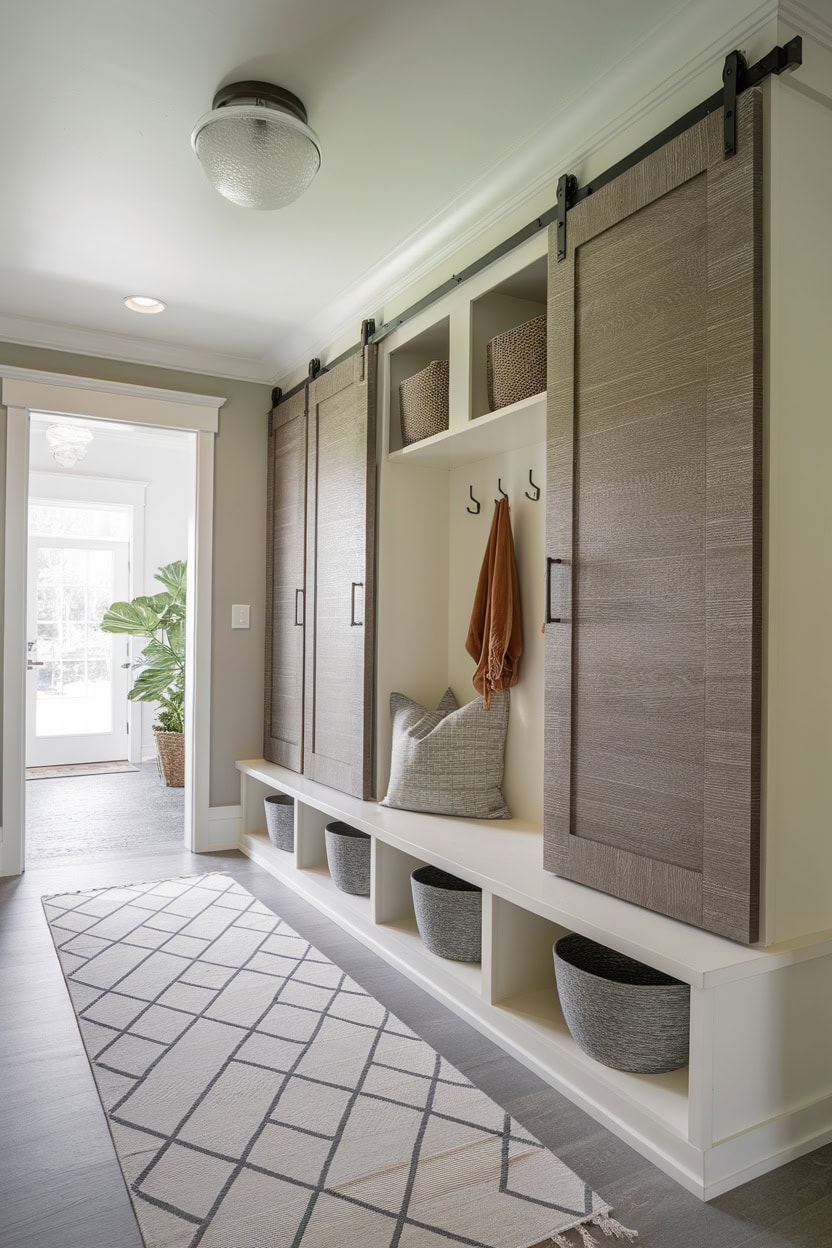 Compact mudroom lockers with sliding doors, featuring a cozy setup.