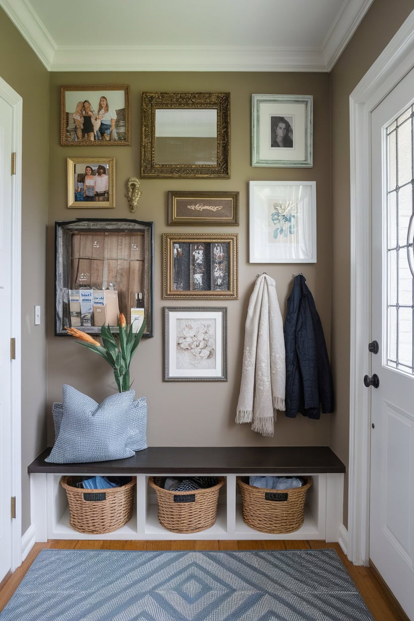 Mudroom entryway featuring a gallery wall with framed pictures, decorative elements, and a cozy bench.