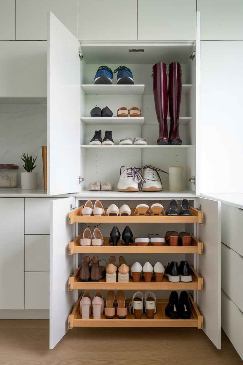 Mudroom cabinet with pull-out shelves for organized shoe storage.