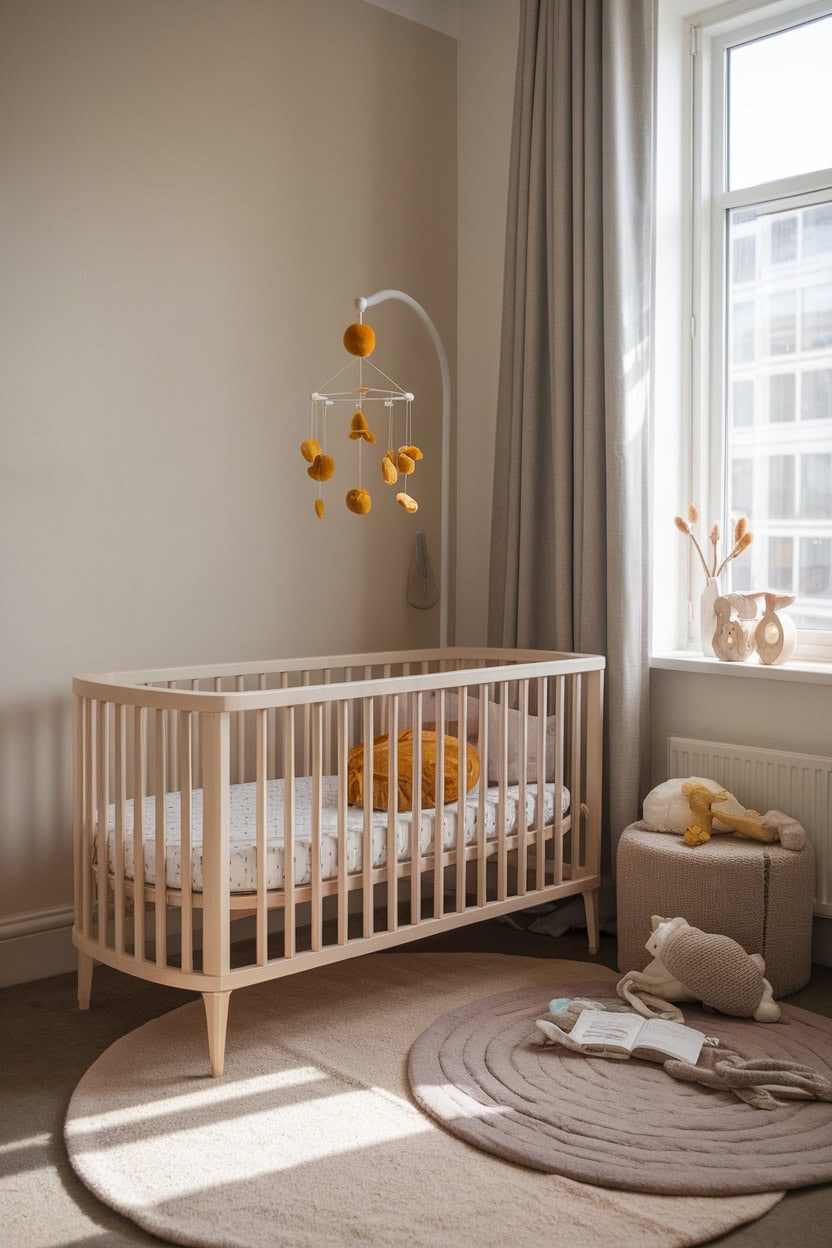 A nursery featuring a wooden crib with a mustard yellow mobile hanging above it, surrounded by soft textiles and natural light.