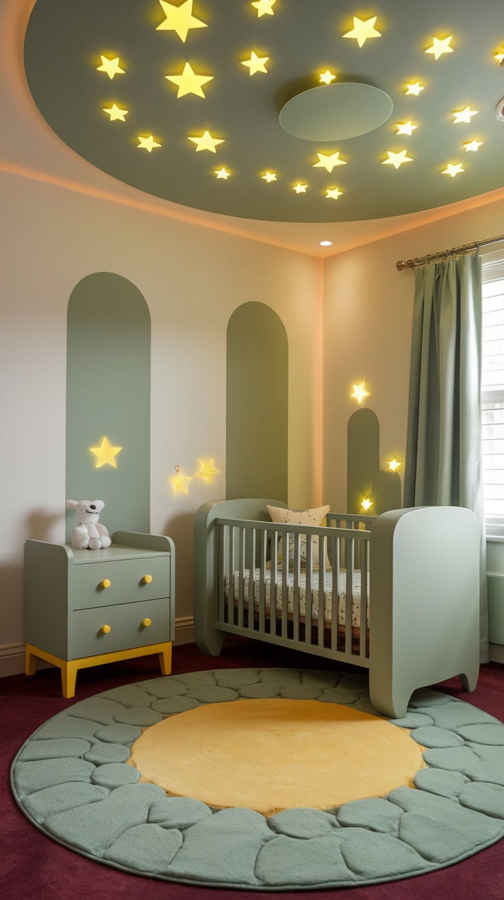 Nursery with a sage green ceiling and yellow star lights.