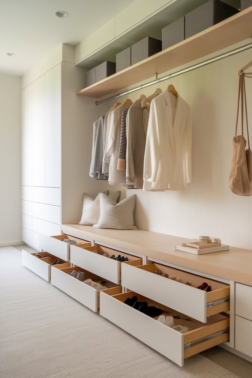 Scandinavian mudroom featuring built-in shoe drawers and a minimalistic design.