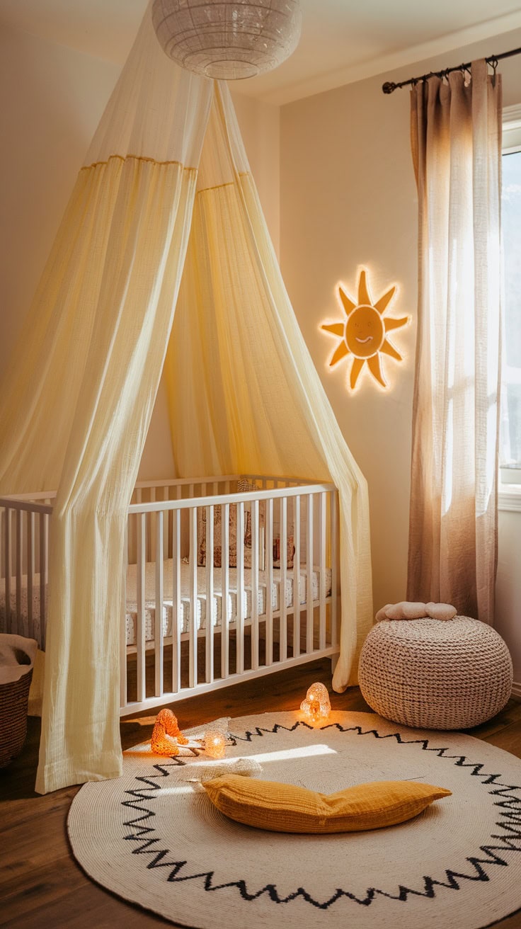 A bright nursery with sunlit curtains and a cozy crib.