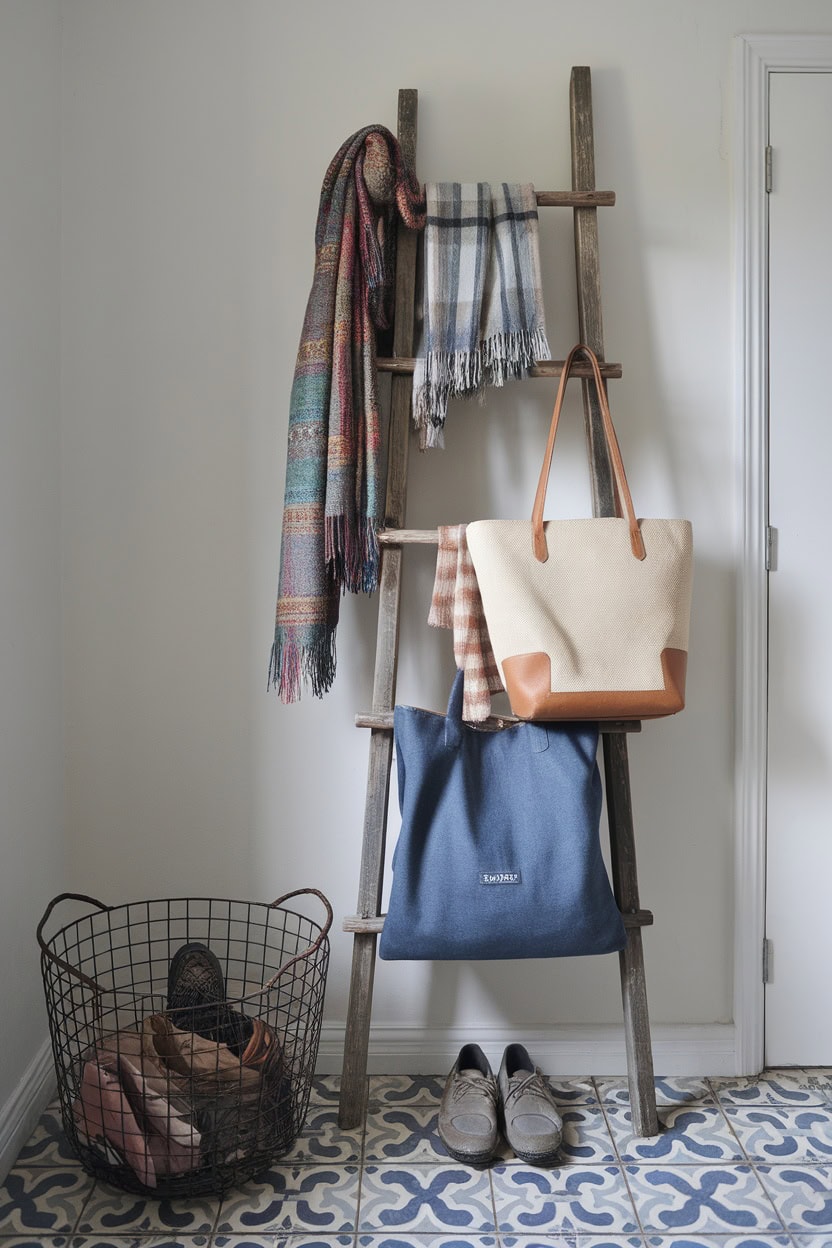 A rustic ladder rack displaying scarves and bags in a cozy mudroom setting.