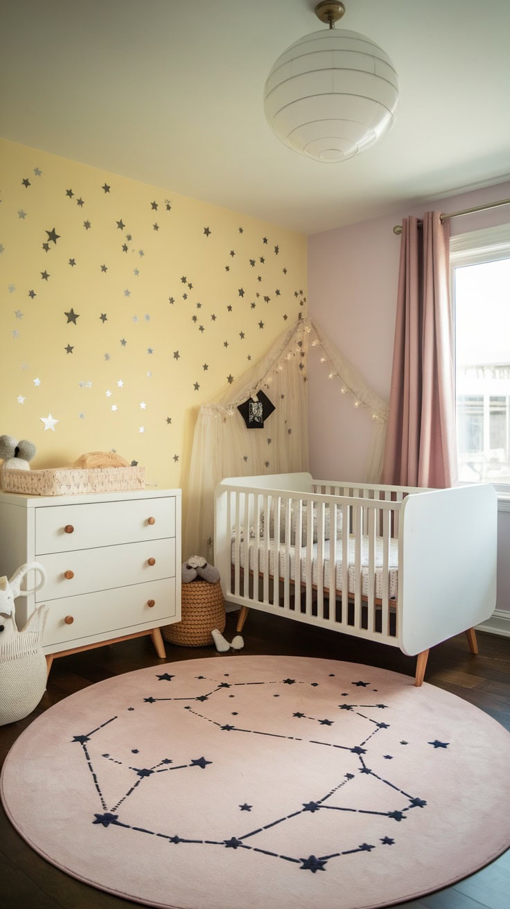 Pastel yellow nursery with celestial theme featuring star wall decals, a crib, and a constellation rug.