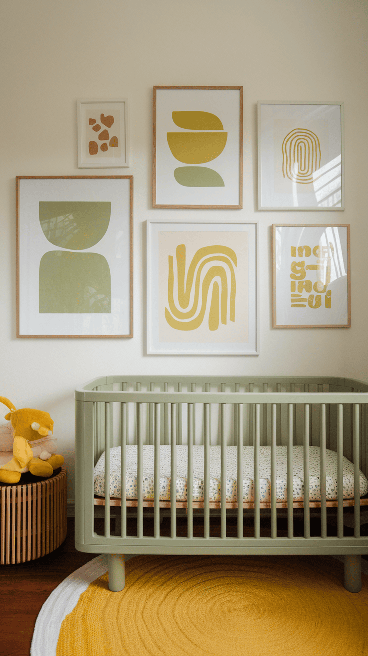 A nursery featuring DIY wall art in sage green and yellow colors, with a crib and colorful decor.