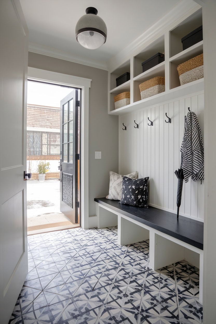 Mudroom entryway with tile flooring, featuring a bench, hooks, and a bright open door.